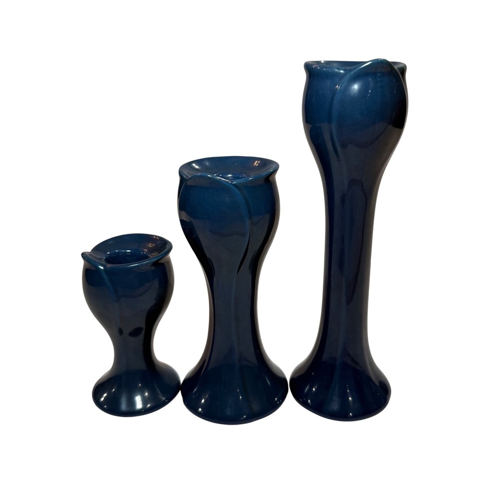 Vintage Cobalt Blue Ceramic Tulip Taper Candle Holder Set of 3 Art Pottery Decor